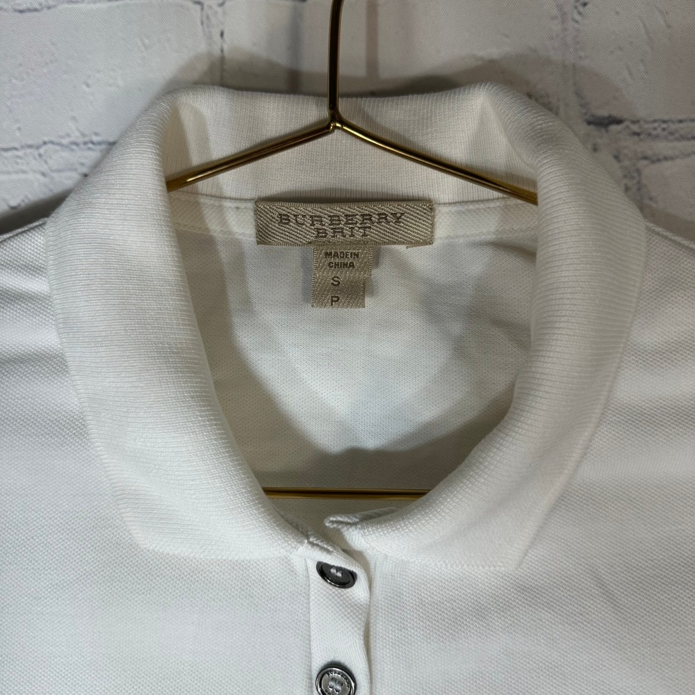 Burberry Brit Womens White Nova Check Cuff Polo Shirt Cotton Pique Size S P - Picture 2 of 10